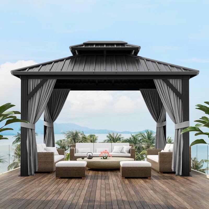 Aluminum Hardtop Gazebo 10x10FT, Outdoor Double Roof Canopy with Curtains and Netting for Garden, Metal Tent - gray 10x10ft
