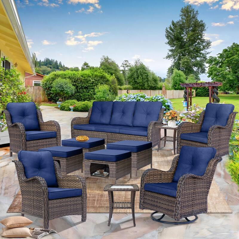 Rattan Wicker Outdoor Patio Furniture Sofa Set with Swivel Rocker Chairs