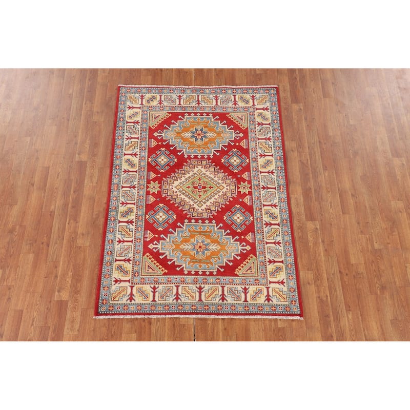 Red Geometric Kazak Oriental Rug Hand-Knotted Traditional Wool Carpet - 4'1" x 5'10"
