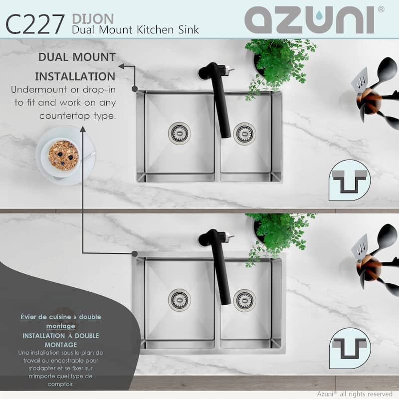 AZUNI 27 inches L x 18 inches W Double Bowl 60/40 Dual Mount 16G Reversible Kitchen Sink with Grids and Basket Strainers
