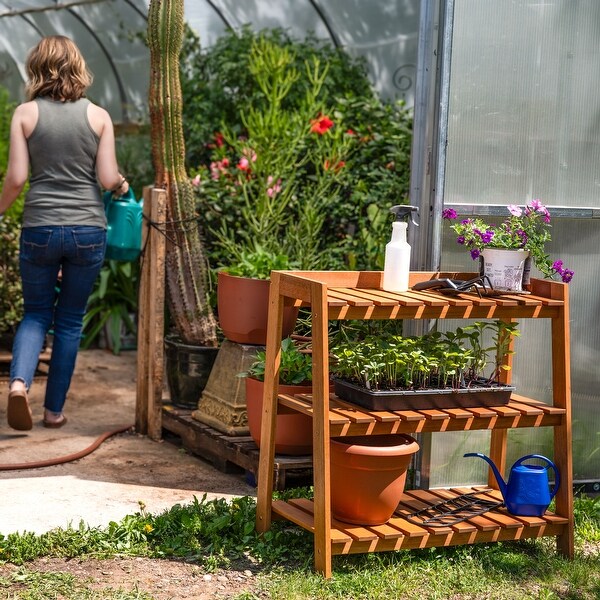 Sunnydaze Meranti Wood Garden Shelf with Teak Oil Finish - 36