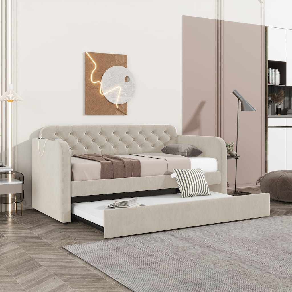 Twin Size Upholstered Daybed with Trundle and USB Charging Design