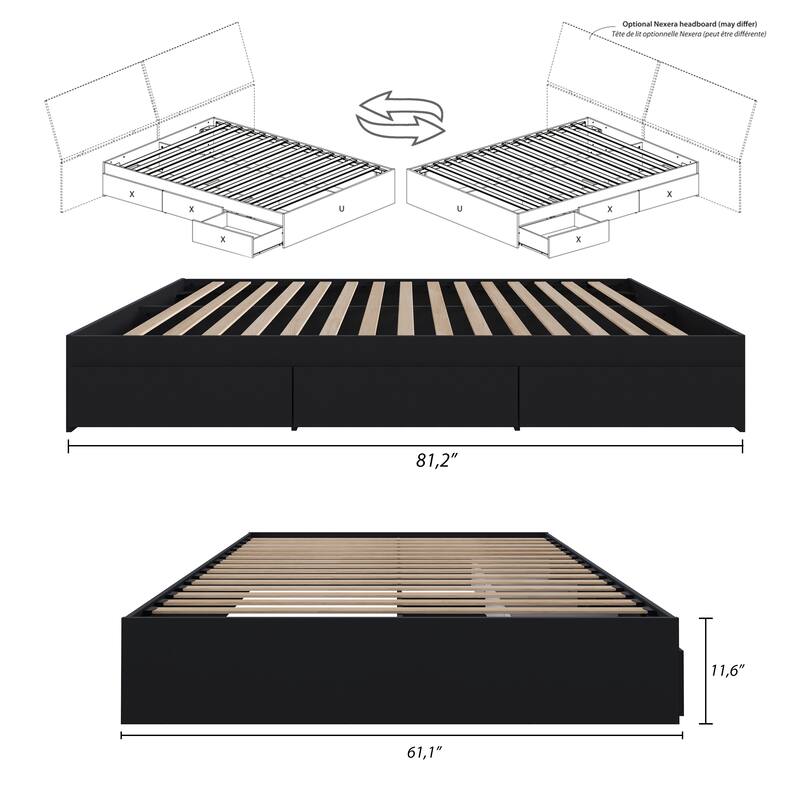 Nexera Bed Frame with 3-Drawer Storage, Reversible, Black