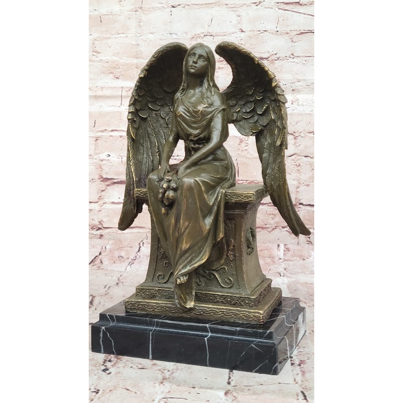 Seated Angel Bronze Sculpture By A. Moreau - Allegorical Guardian Angel Art