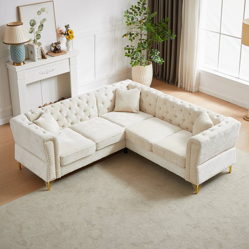 5-Seater Chenille Corner Sofa with Nailhead Trim, L-Shaped Couch for Living Rooms
