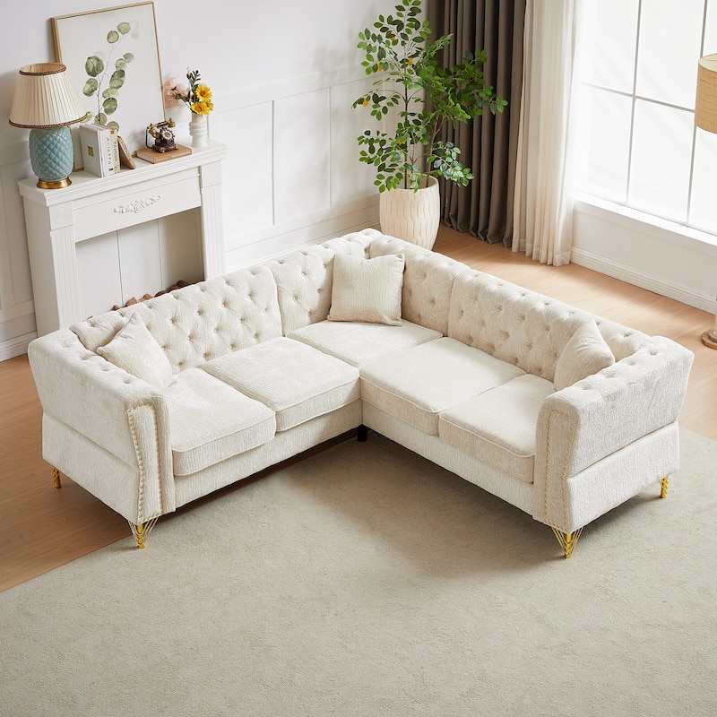 81.5-Inch Beige Chenille Corner Sofa, L-Shaped Sectional Couch with Nailhead Trim