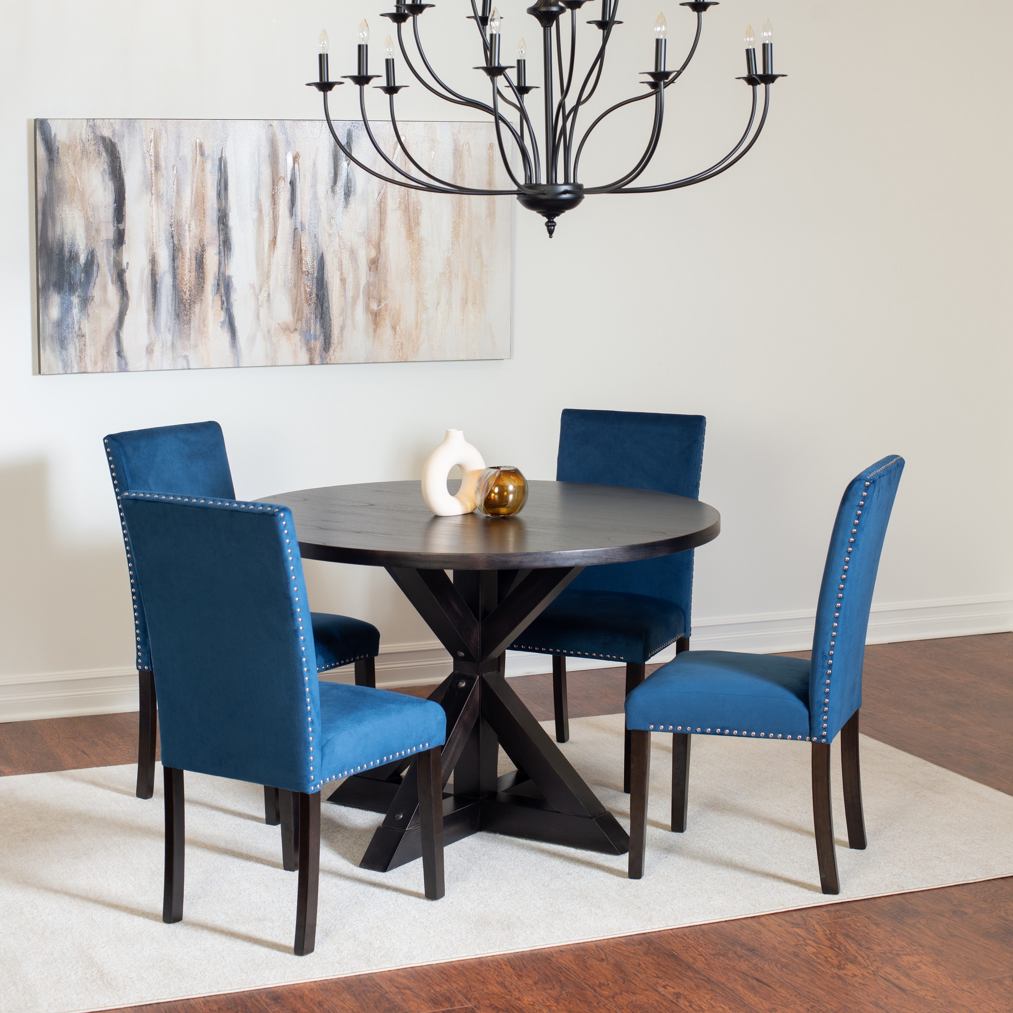 5-Piece Round Black Dining Table & Chairs Set with Blue Velvet Upholstered Dining Chairs for Dining Room