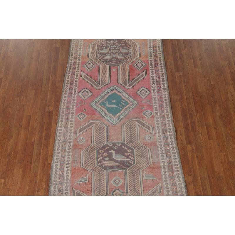 Geometric Ardebil Persian Vintage Runner Rug Hand-Knotted Wool Carpet - 4'4" x 9'6"