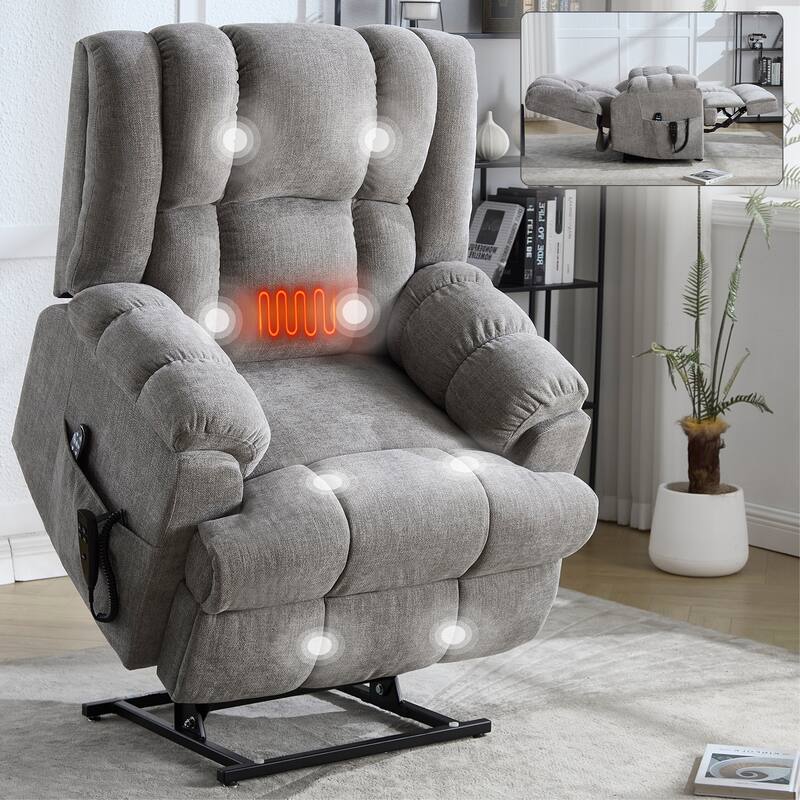 Dual Motor Power Lift Chenille Recliner Chair with Massage and Heat for Elderly People, Lazy Boy Single Sofa, Infinite Position - Light Gray