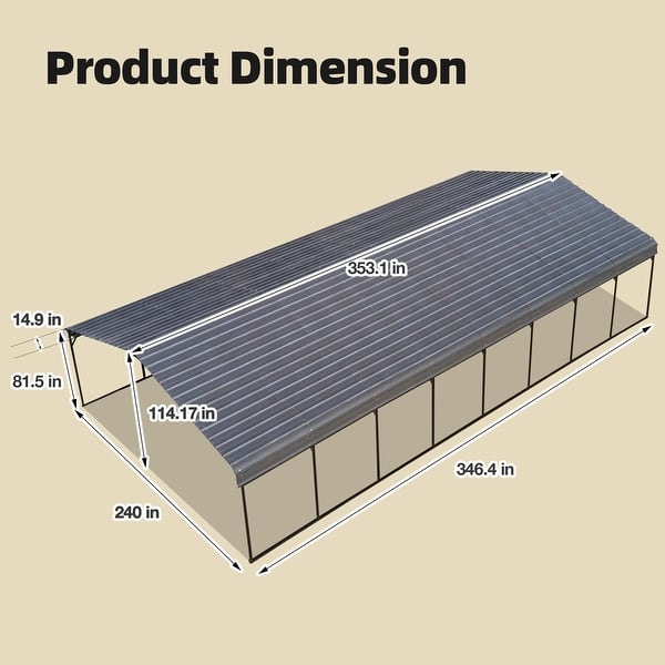 dimension image slide 2 of 12, Heavy-Duty Metal Carport with Upgraded Galvanized Steel Roof – Ideal Shelter for Cars, Boats, and Tractors