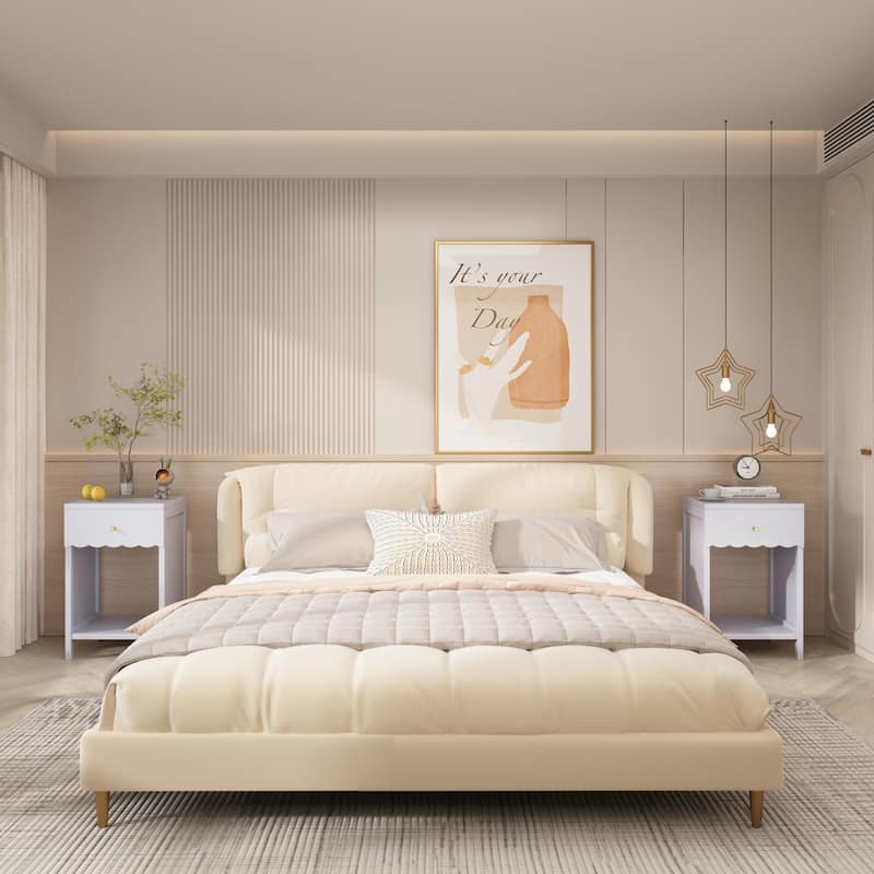 Anmytek Scalloped Edge Bedside Table Modern Storage Nightstand with Drawer Open Shelf