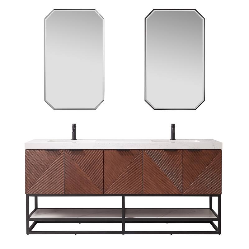 Mahon Double Bath Vanity with Composite Stone Top and Mirror - 72in. - Matte Black Base