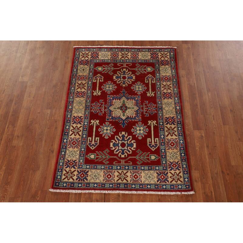 Geometric Kazak Rug Hand-Knotted Oriental Red Wool Carpet - 3'4"x 4'9"