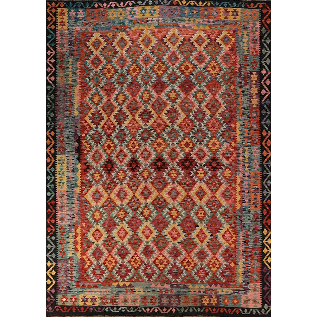 Trellis Kilim Oriental Area Rug Hand-Woven Reversible Wool Carpet - 9'11"x 12'8"