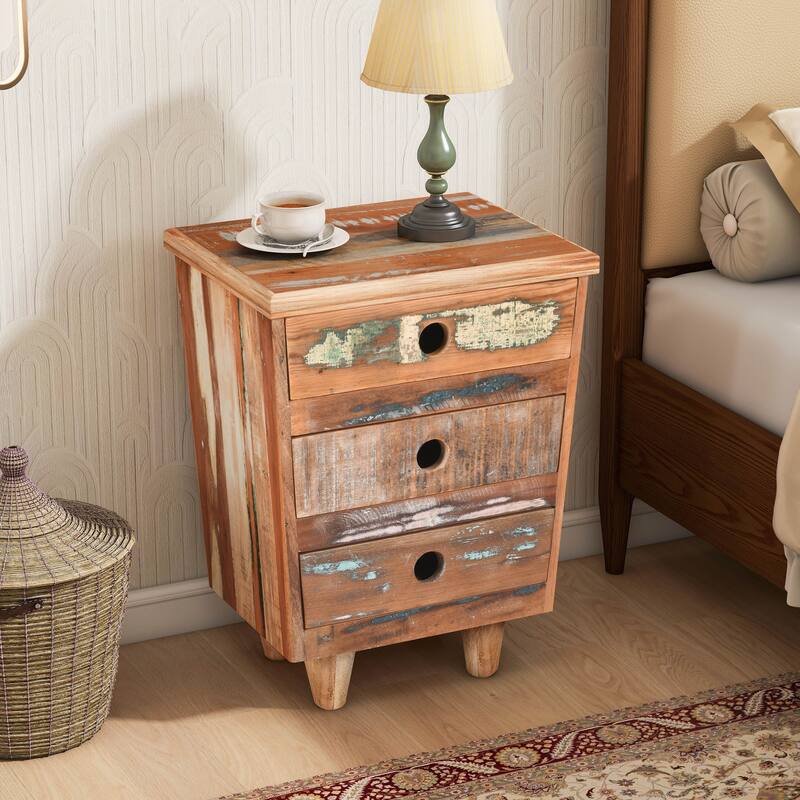 End Table Recycled Wood Nightstand, Side Table With 3 Drawers