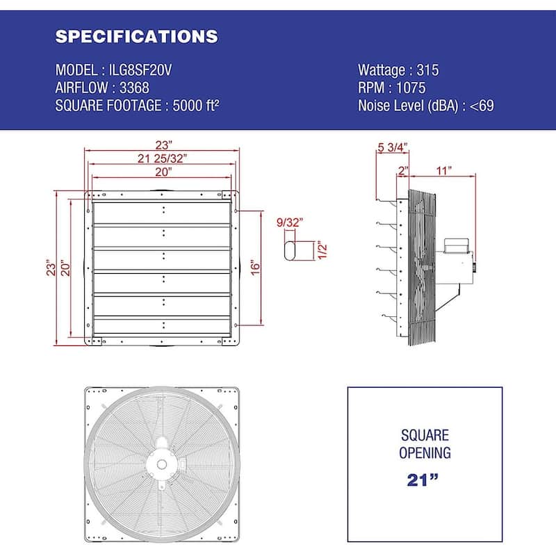 iLIVING 20-inch Variable Speed Shutter Wall-Mounted Exhaust Fan