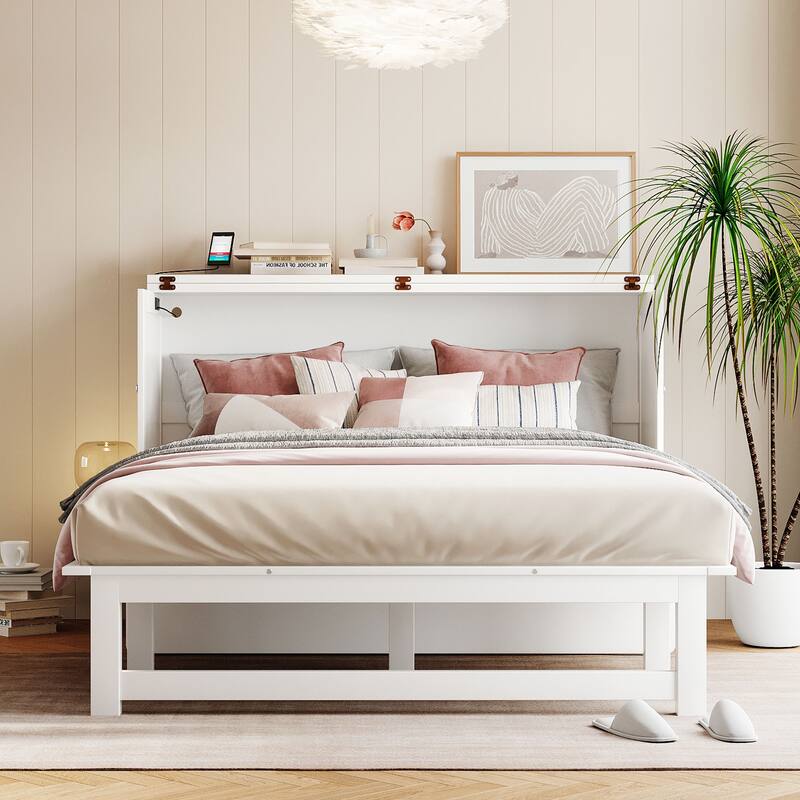 Murphy Bed Platform Bed with USB Port & Removable Shelves On Each Side - White - Queen