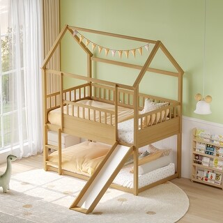 House-Shaped Bunk Bed with Built-in Slide and High Guardrails,Twin Over Twin