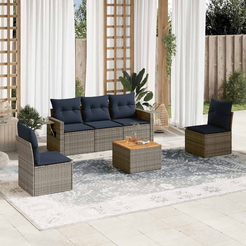 vidaXL 6 Piece Patio Sofa Set with Cushions Black Poly Rattan - 21.7" x 24.4" x 27.2" - Grey and blue