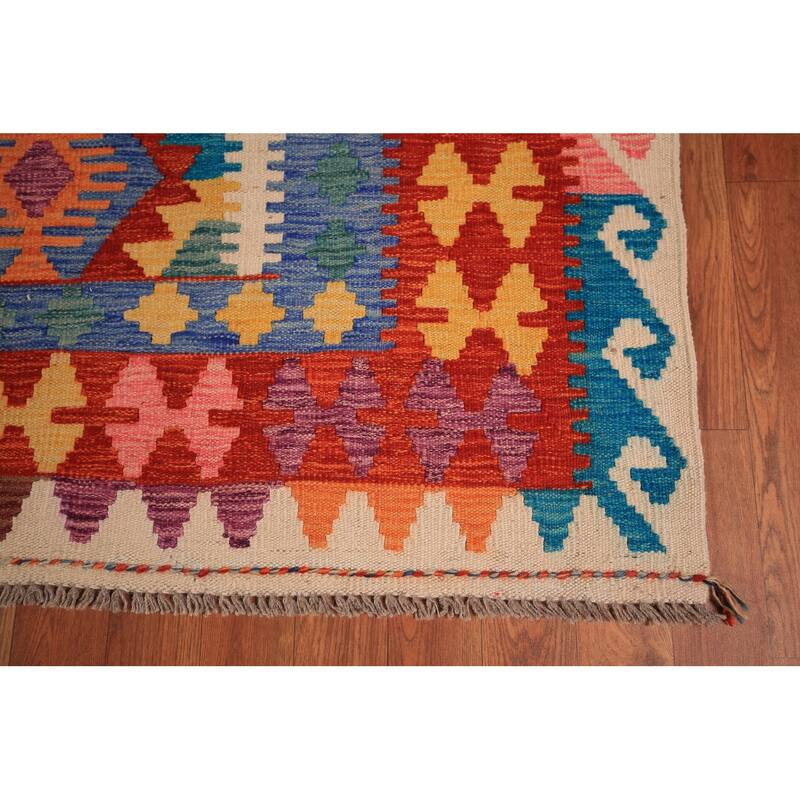 Reversible Kilim Area Rug Flatweave Geometric Wool Carpet - 8'7" x 11'4"