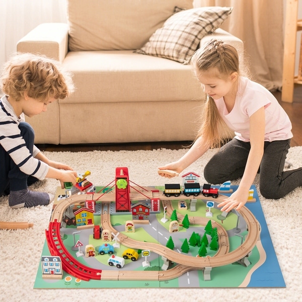 Gymax 94 PCS Wooden Train Set Table w/Reversible Tabletops 3