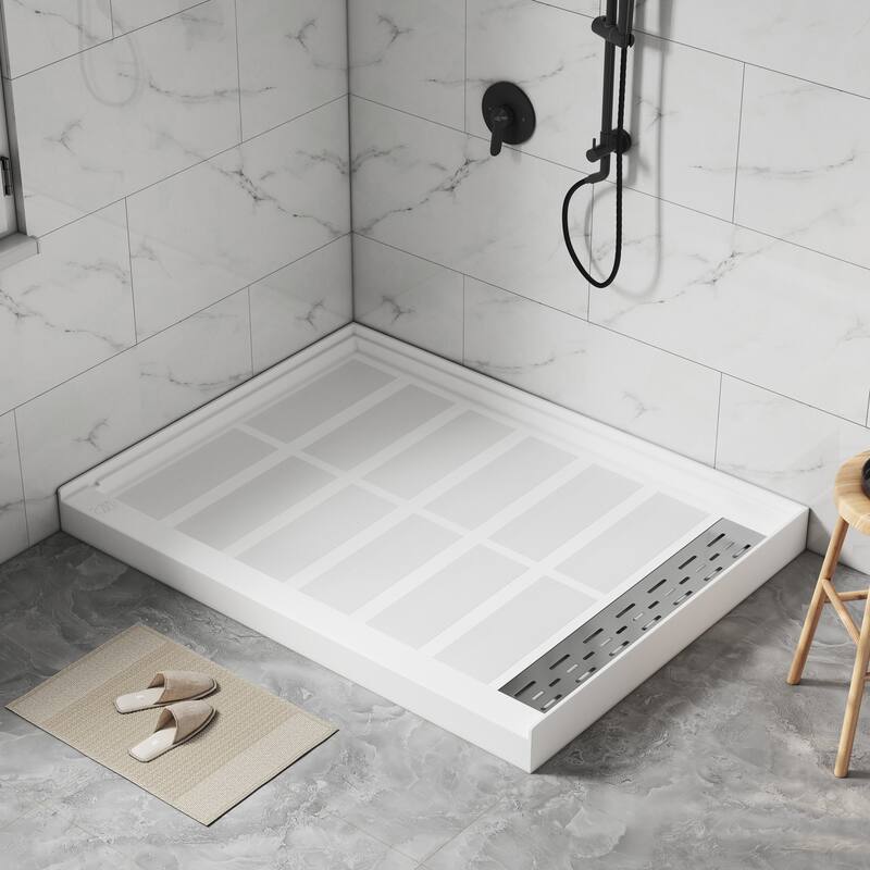 48 in. x 36 in. Elegant White Single Threshold Anti-slip SMC Rectangular Shower Base with Drain and Stainless Steel Drain Cover - White-Right Drain