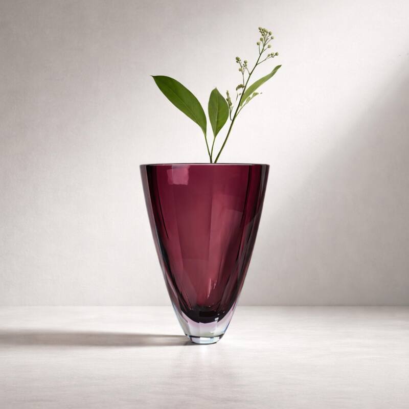 Heavy Cut Plum Glass Vase With Faceted Base And Tapered Shape