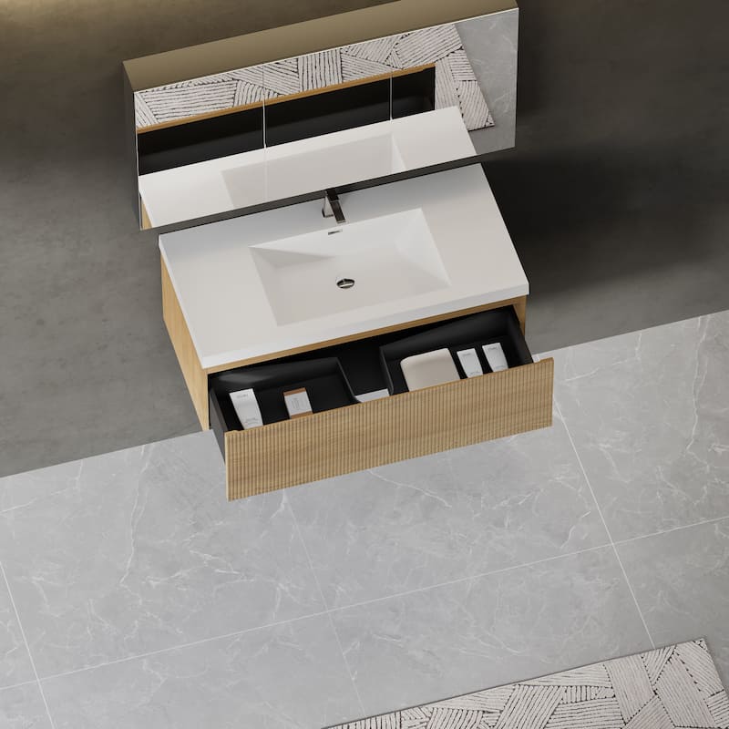GDFStudio - Preston 42-Inch Floating Bathroom Vanity with Solid Surface Basin and Fluted Storage Drawer