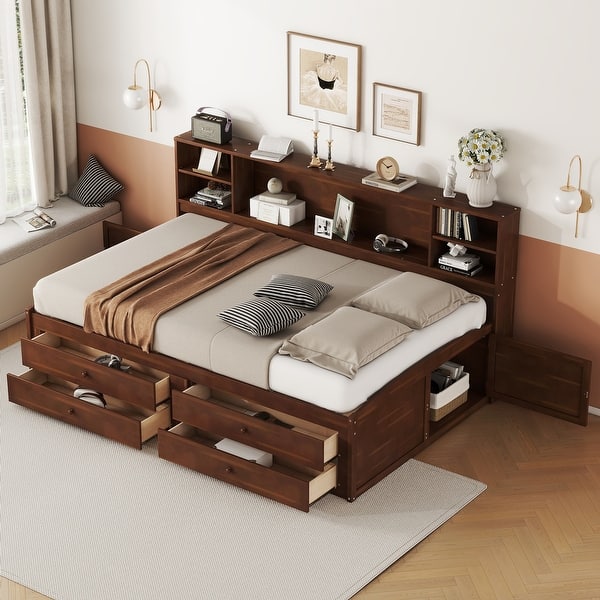slide 2 of 8, Full Size Wooden Captain Bed with Bookcase Headboard, Storage Bed with 4 Drawers and 2 Cabinets, for Kids Girls Boys Antique brown