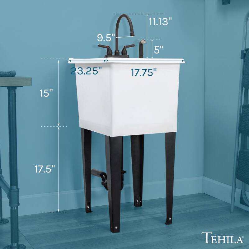 TEHILA White 16-Gallon Space Saver Utility Sink Laundry Tub with Gooseneck Faucet