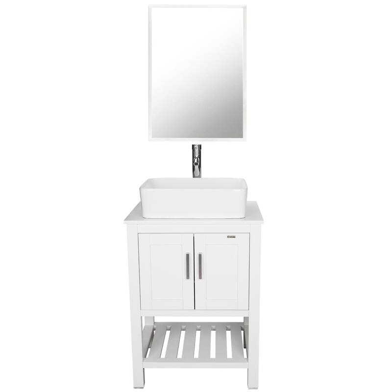 24" Bathroom Vanity Set Ceramic/ Tempered Glass Vessel Sink White Cabinet Combo Mirror Faucet Free-standing - white ceramic rectangular sink
