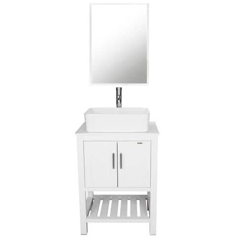 24" Bathroom Vanity Set Ceramic/ Tempered Glass Vessel Sink White Cabinet Combo Mirror Faucet Free-standing