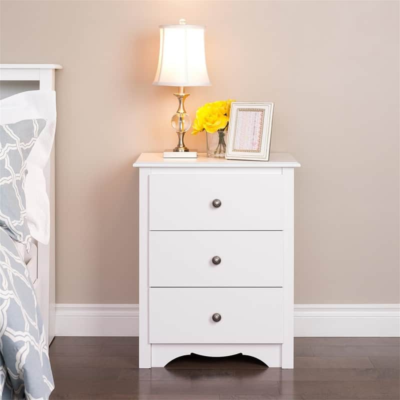 Traditional Tall Nightstand Side Table with 3 Drawers - White