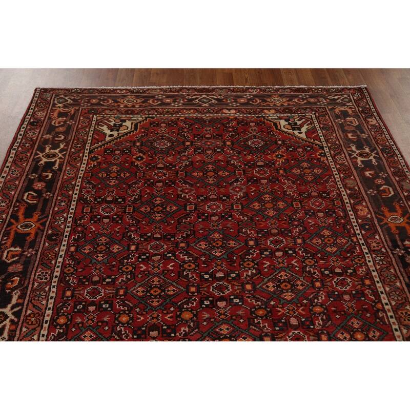 Hand Knotted Oriental 100% Wool Carpet Traditional Geometric Red Hamedan Area Rug - 10' 7'' X 5' 3''