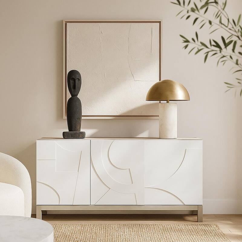 Wooden Geometric 3 Door and 1 Interior Drawer Sideboard - White - Roche River Decor - 19"W x 68"L x 32"H