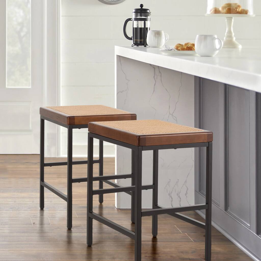 Counter Height Bar Stools Set of 2, Natural Rattan & Wood Bar Stools with Metal Steel Frame