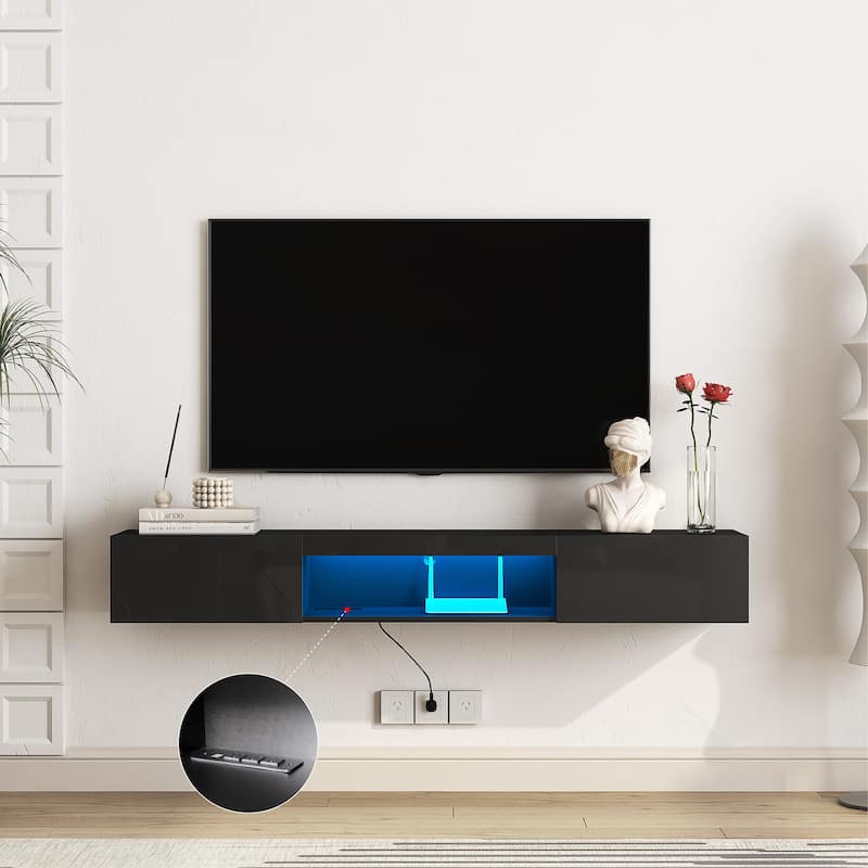 Black 62.99" Floating TV Stand with Large Storage Space, LED Lights and Power Outlet for TVs Up to 60"