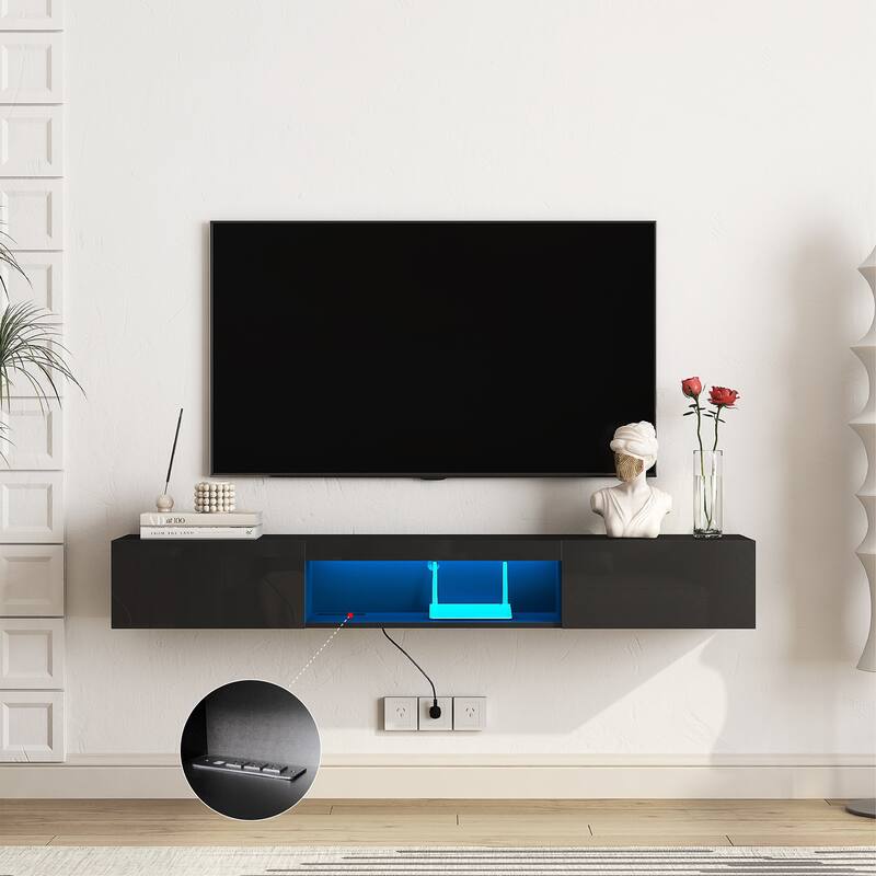 Floating TV Stand Wall Mounted with 16 Color LEDs, 63" Modern TV Stand, Entertainment Center with Open Storage Compartment