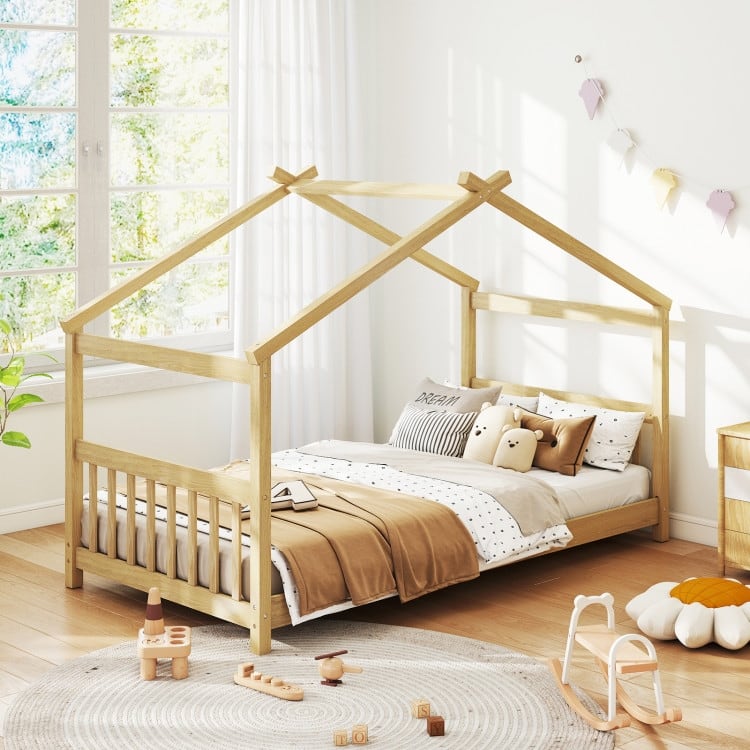 Twin House Bed Frame for Kids with Roof Design and Wood Slat Support