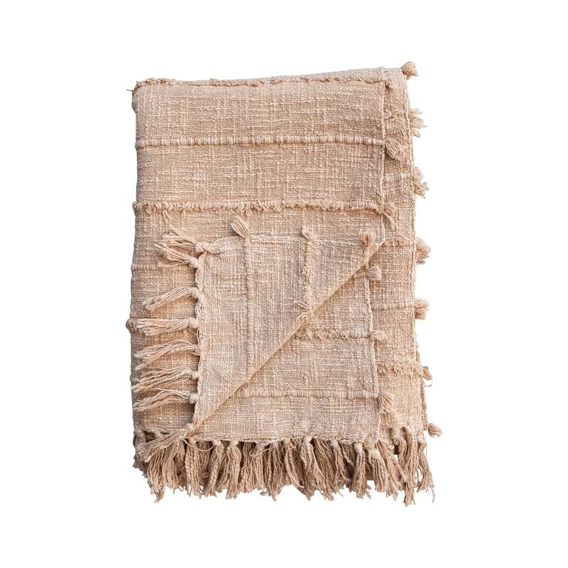 Stonewashed Woven Cotton Slub Throw with Pom Pom Trim and Fringe