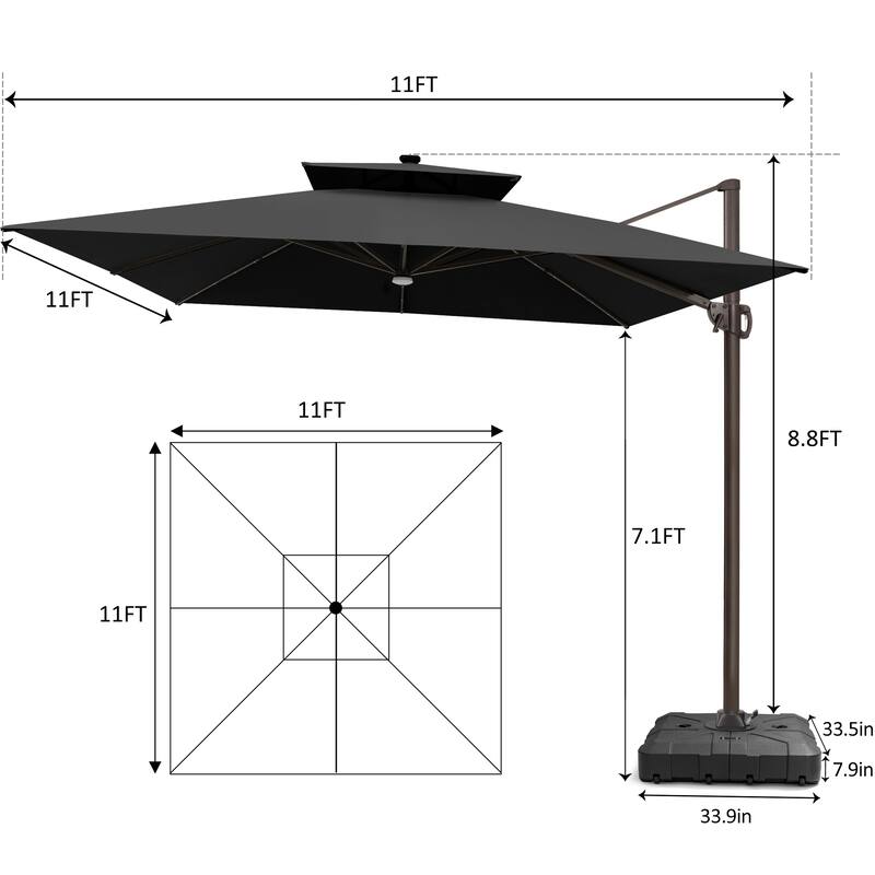 11 FT Square Outdoor Patio Cantilever Umbrella with Solar Lights All-Weather Wheeled Base Double Canopy 360 Rotation Tilt