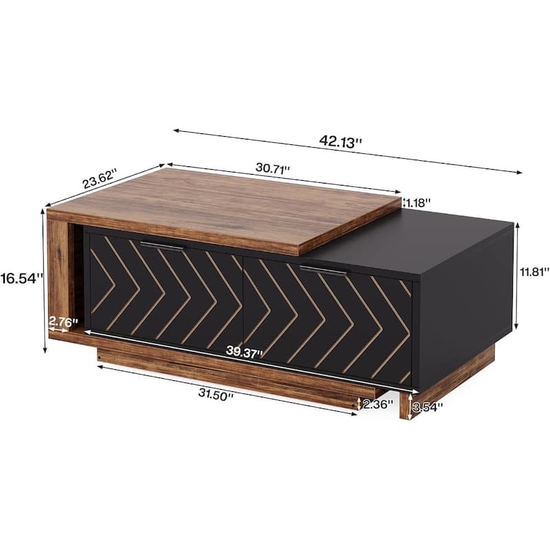 Wood Coffee Table with Expandable Top and 2 Drawers - 42.13 L x 23.62 W x 16.54 H inches