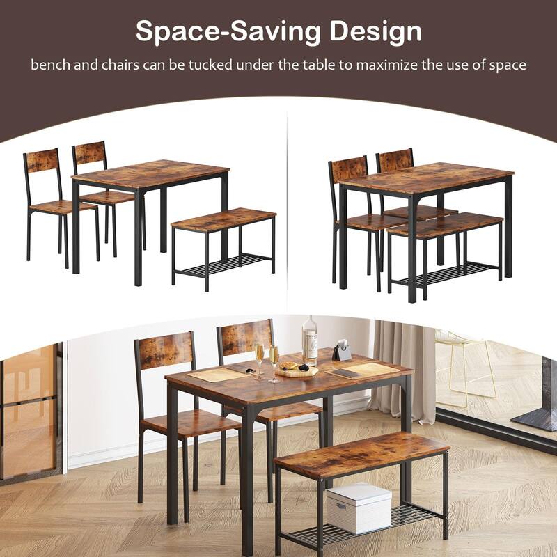 4 Person Dining Table Set, Kitchen Table Set for 4, Dining Room 2 Chairs with Backrest, 2-Person Bench with Storage Rack