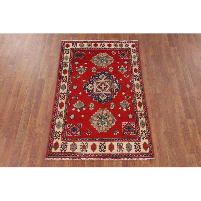 Red Kazak Accent Rug Handmade Geometric Wool Carpet - 3'2" x 4'11"