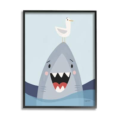Stupell Quirky Smiling Shark Seagull Nautical Ocean Waves Framed Wall Art - Grey