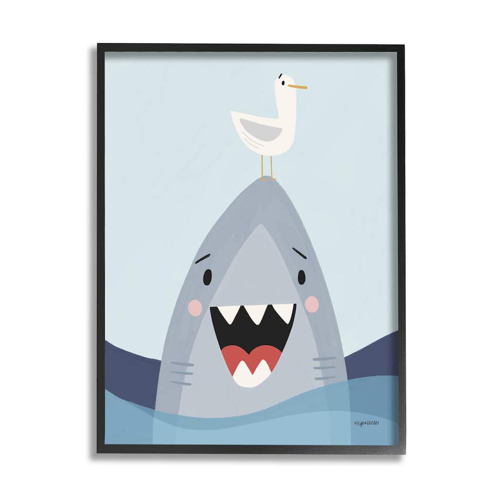 Stupell Quirky Smiling Shark Seagull Nautical Ocean Waves Framed Wall Art - Grey