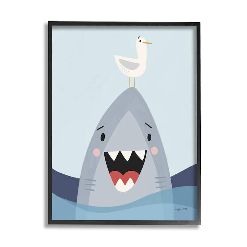 Stupell Quirky Smiling Shark Seagull Nautical Ocean Waves Framed Wall Art - Grey - 16 x 20 - Black