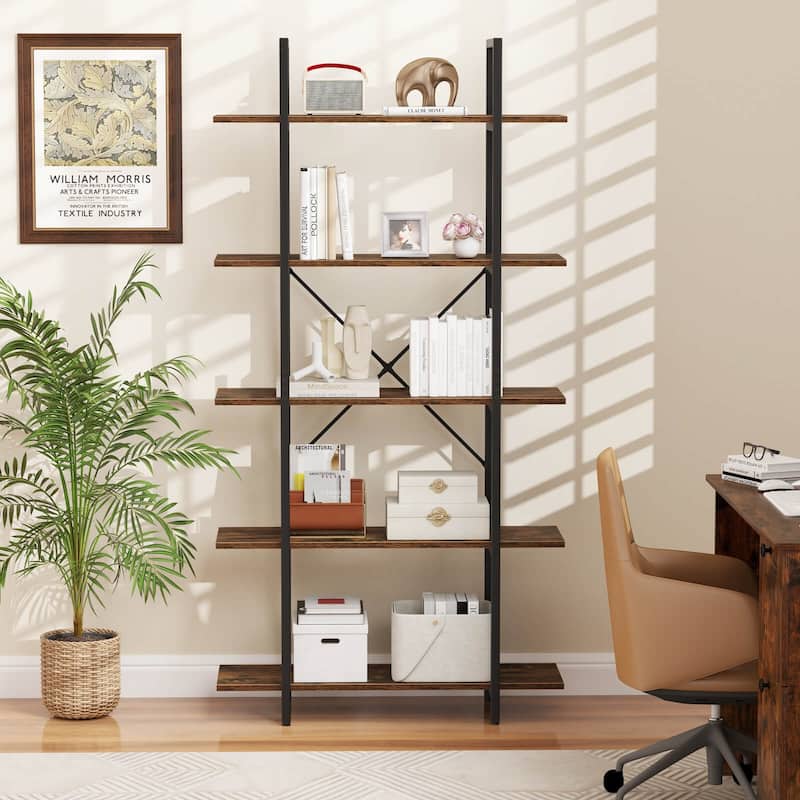Costway 1/2 PCS 5-Tier Bookshelf 62" Tall Vintage Industrial Bookcase - Rustic Brown + Black