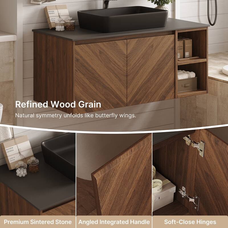 36'' Single Bathroom Vanity with Stone Top, Brown Wood, Black Vessel, Floading Vanities
