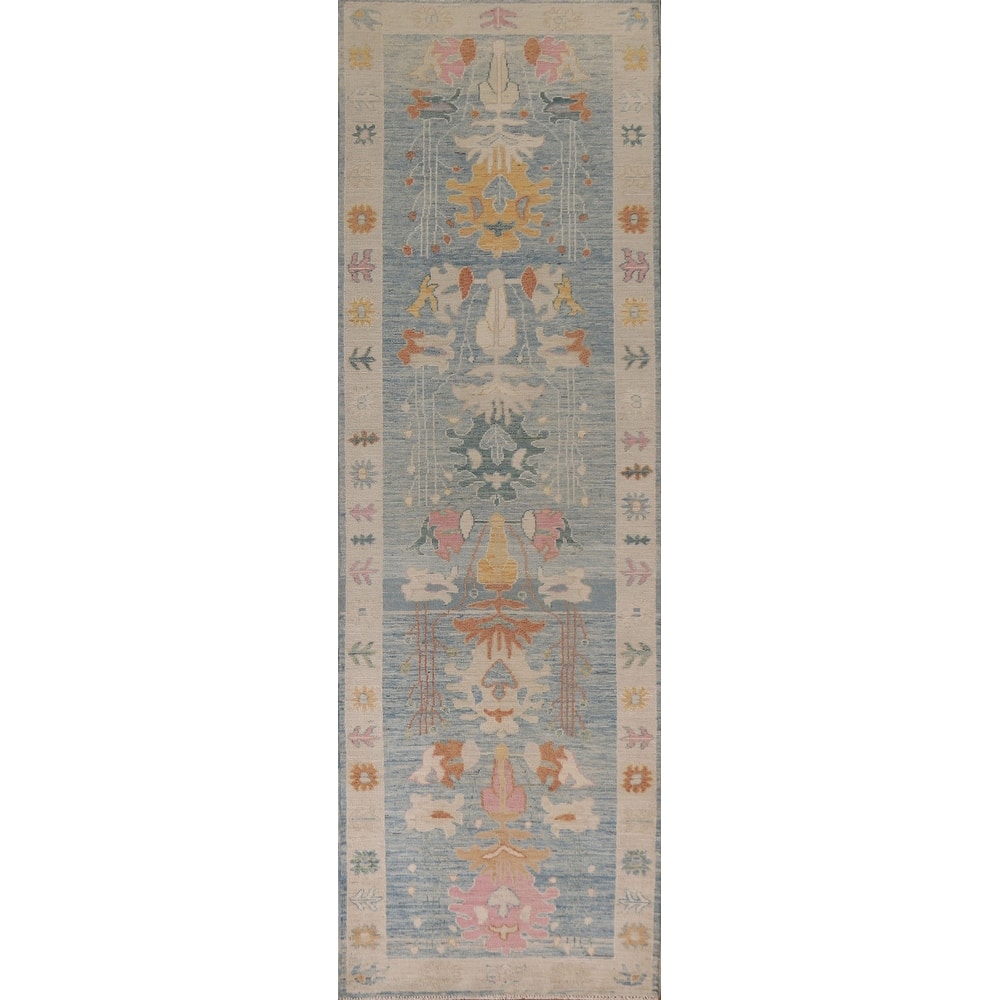 Blue Oushak Turkish Runner Rug Handmade Wool Carpet - 3'3"x 11'8"